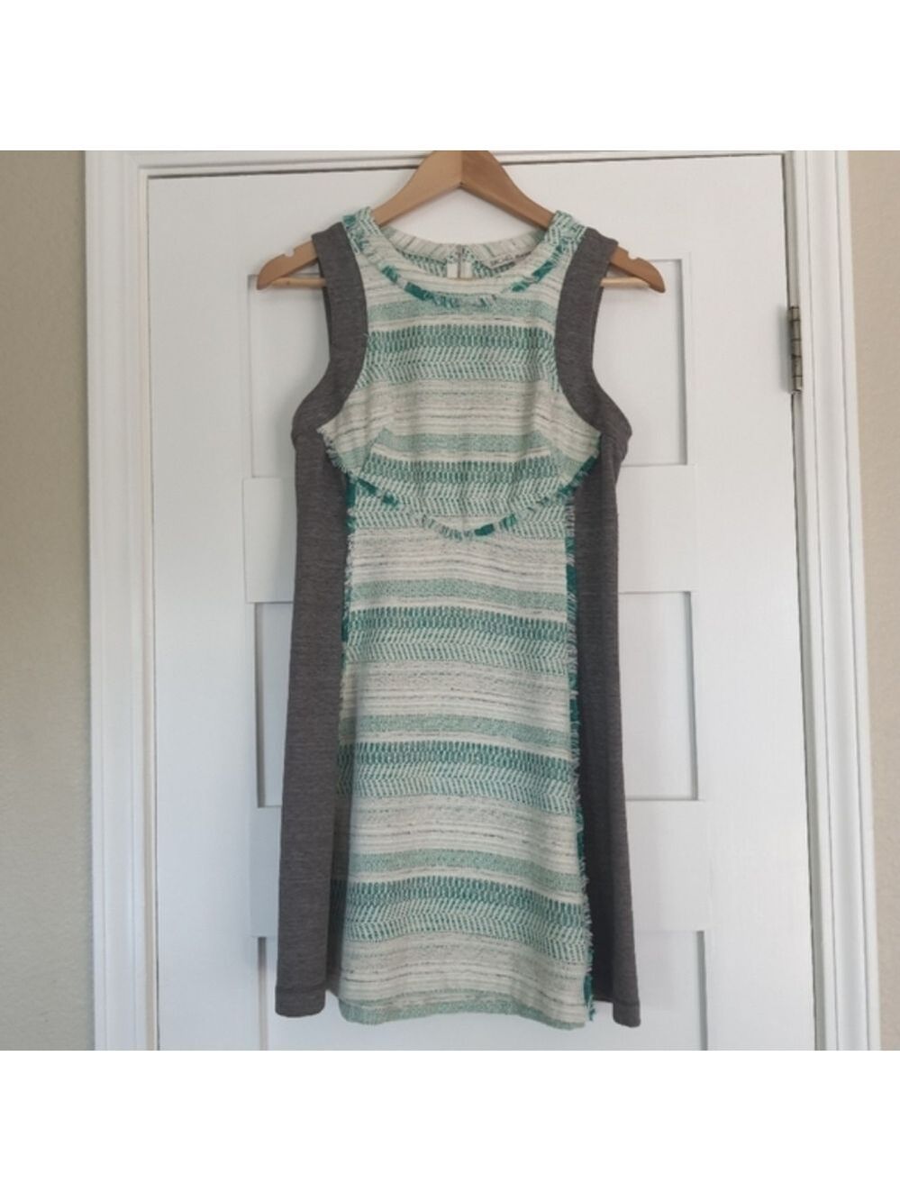 RACHAEL Roy Striped Fringe Sleeveless Mini Dress Womens 6 Heather Gray Green